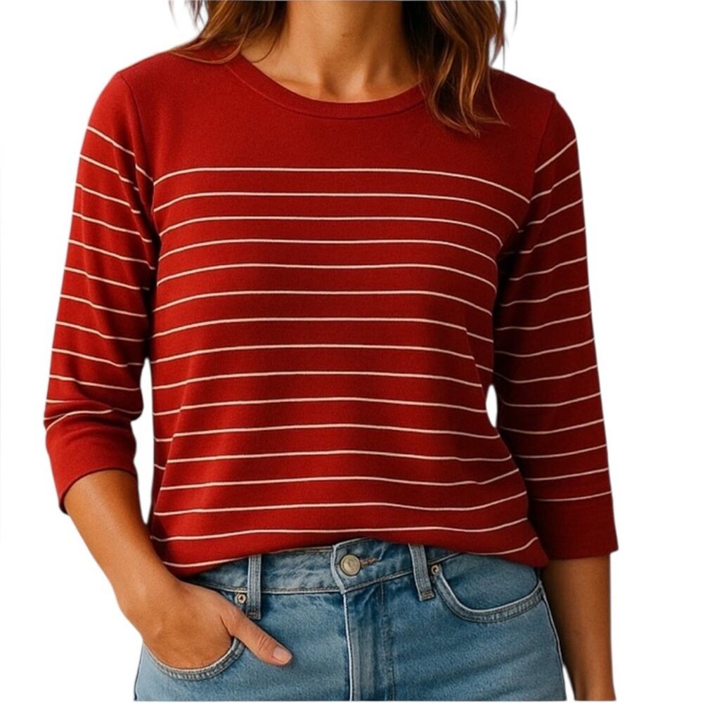 Tahari Red White Breton Stripe Sweater XL 3/4 Sleeve French Girl Coastal Prep